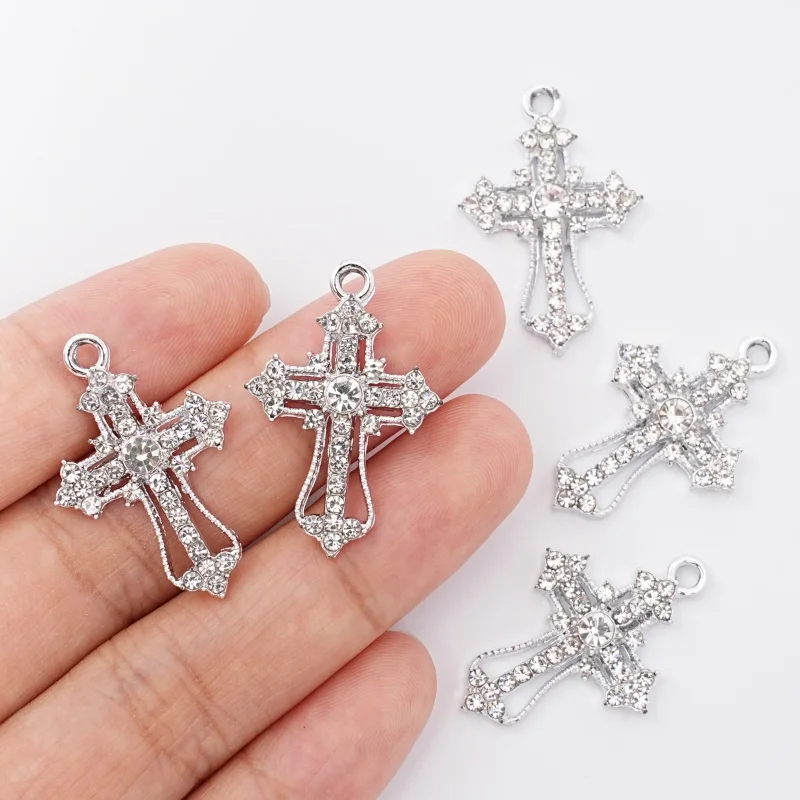 5Pcs Gothic Silver Hollow Transparent Water Diamond Inlaid Cross Pendant Baroque DIY Jewelry Making Accessories