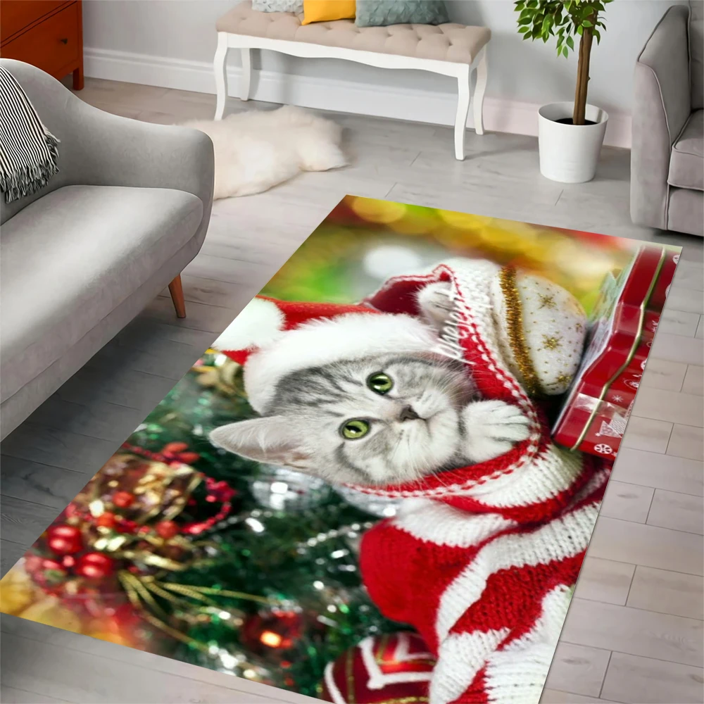 

CLOOCL Flannel Animal Carpet Cute Christmas Cat Pattern 3D Print Non Slip Doormat for Bathroom and Living Room Kawaii Style