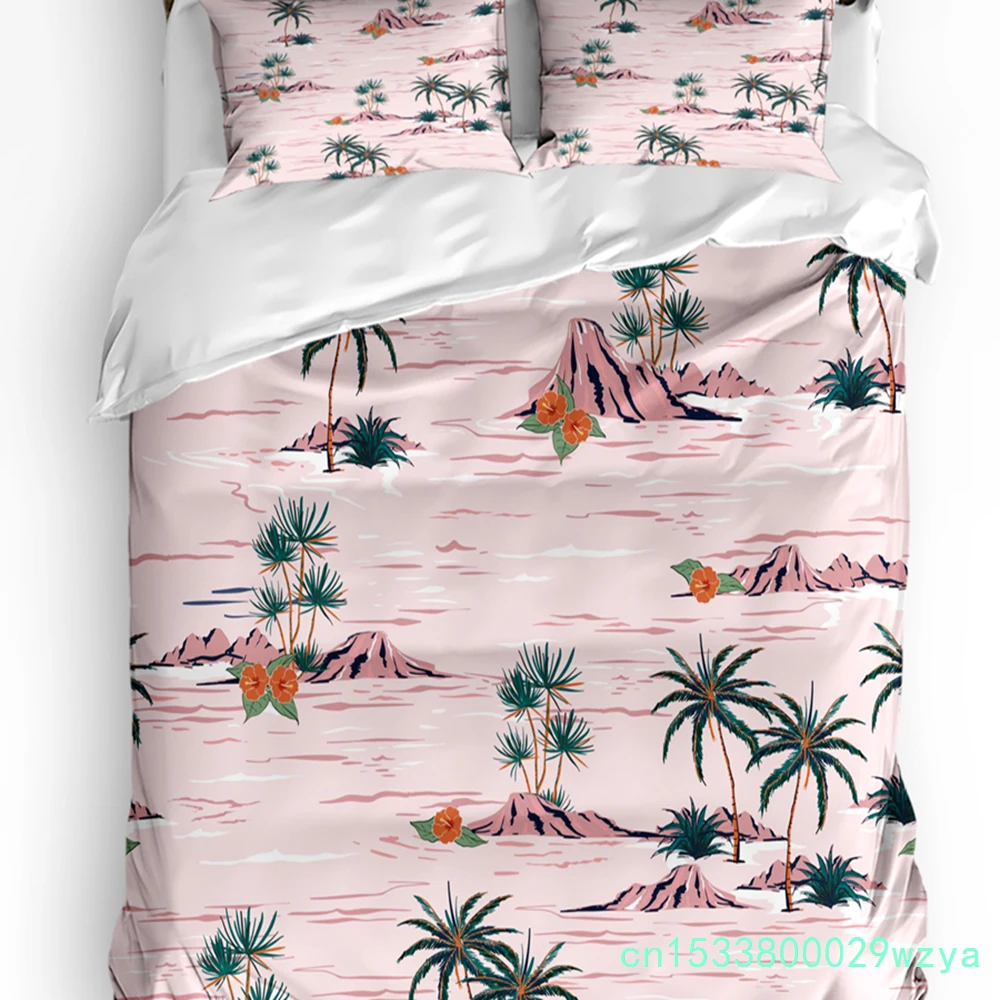 Plant Pink Palm Tree Beach Summer Flowers Bedding Set 3pcs Duvet Cover Pillowcase Quilt Cover Double Bed Set Home Textile