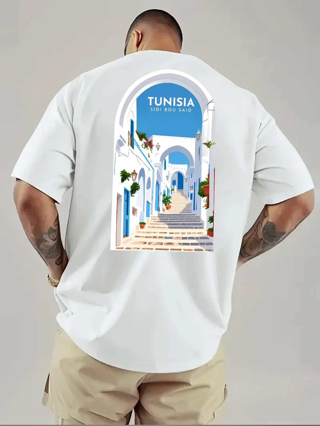 تي شيرت برسومات تونس سيدي بو سعيد للرجال - تصميم طباعة أزرق وأبيض، تي شيرت صيفي كاجوال مع نص "تونسيا"، قابل للغسل في الغسالة #3