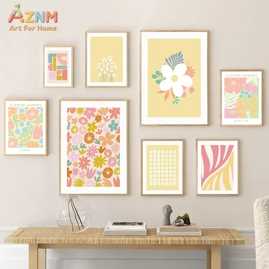 AZNM Pastel Flower Market – Toile murale décorative, impression florale abstraite colorée, motif géométrique de feuilles, peinture sur toile non encadrée, style bohème pour chambre de filles