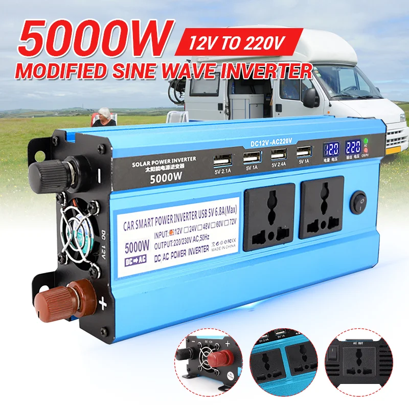 3000W/4000W/5000W Modified Sine Wave Inverter DC 12V to AC 220V Voltage Portable Vehicle Power Converter Adapter LCD Display