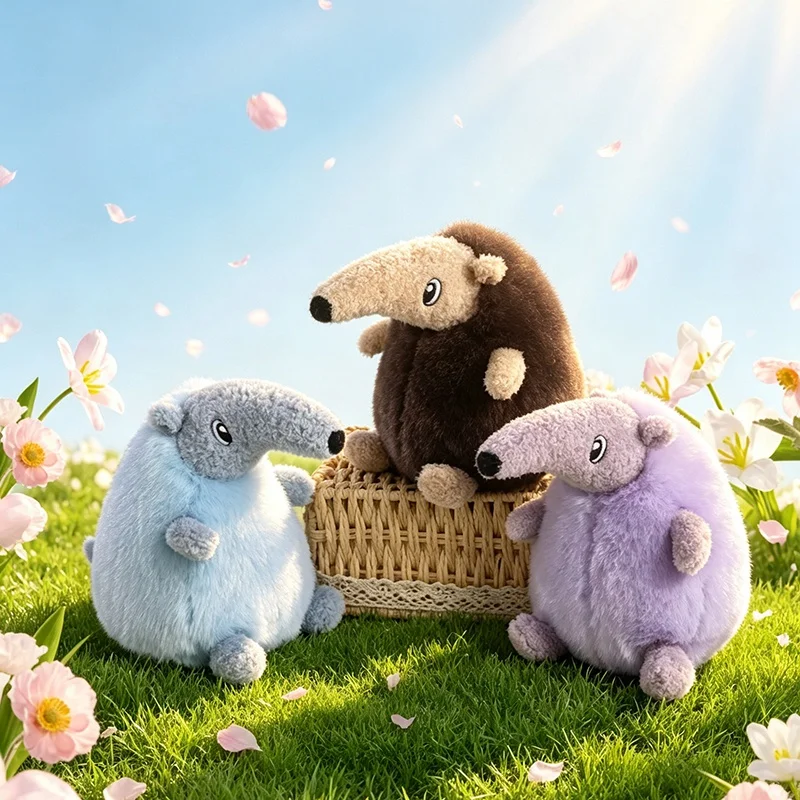 5 Colors Cute Round Anteater Plush Toy Soft Two Texture Fluffy Stuffed Animal Doll Pastel Light Blue Pink for gifts.