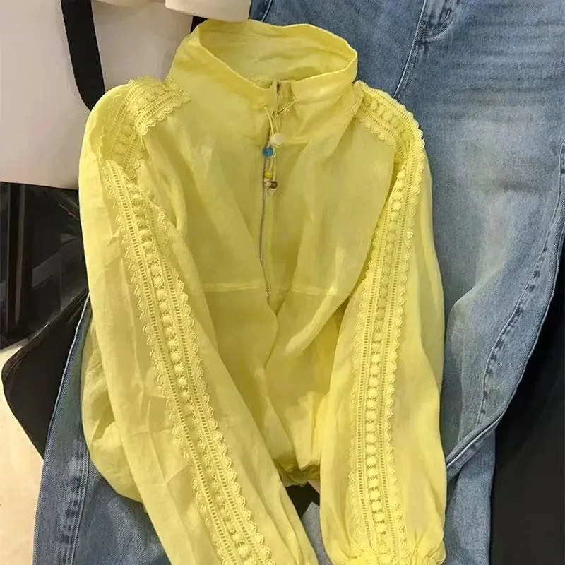 2026 Splicing Lace New Long Sleeve Stand Collar Sunscreen Loose Clothes for Women, Casual Spring/Summer Versatile Top WJ446