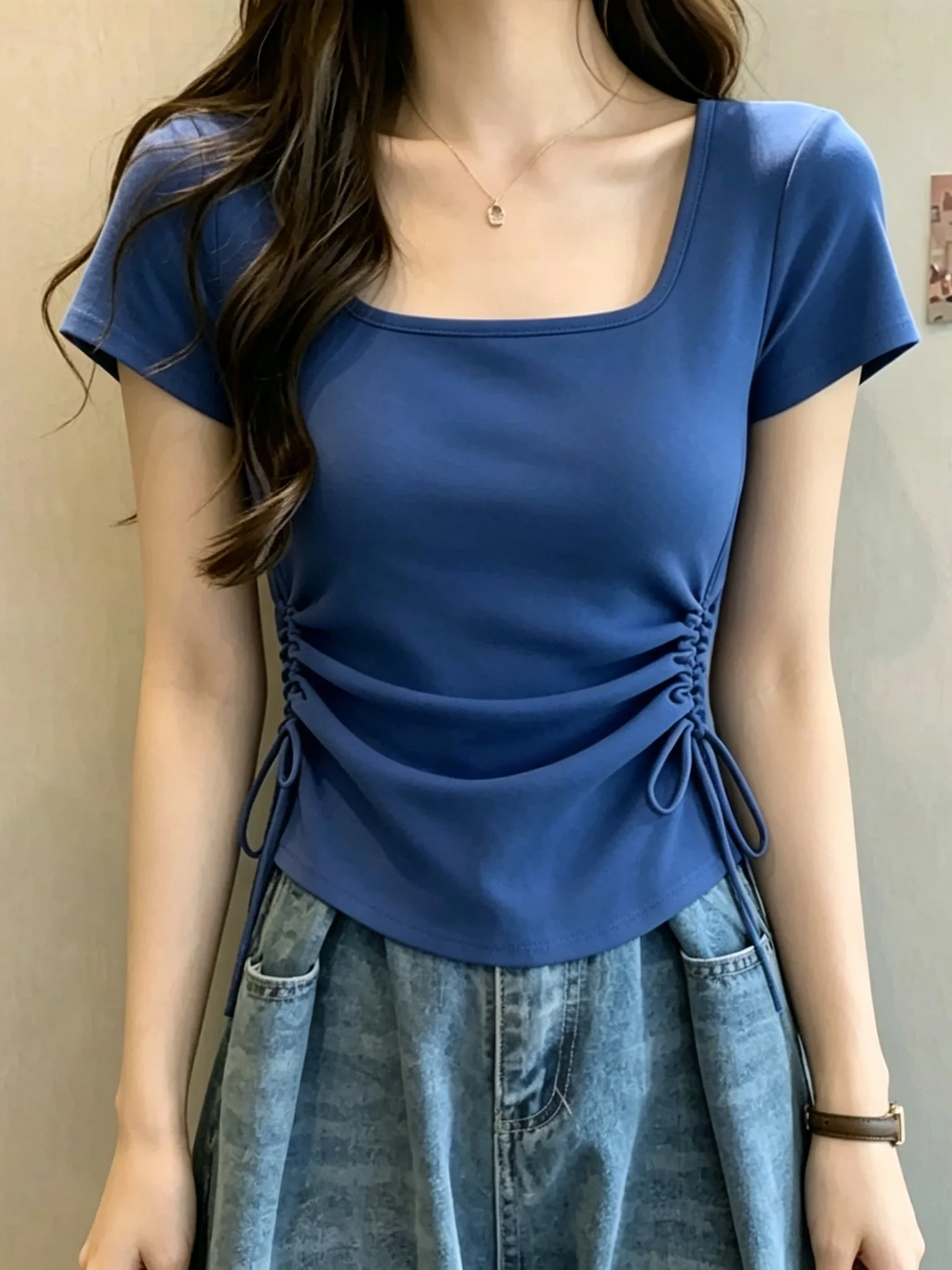 Slimming Effect Klein Blue Square Collar Short Sleeve T-Shirt Women's Summer New Style Waist Cinching Belt Casual Fashion