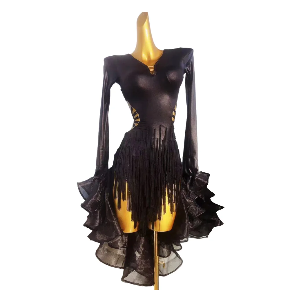 Costume da ballo latino AB Stone Donna Adulto Bambini Gonna con frange in rete personalizzata di fascia alta Abito da spettacolo per samba da piscina nero