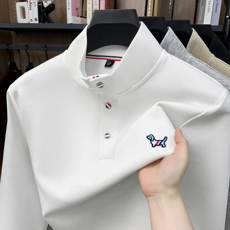 Designer Original Herren Langarm-T-Shirt mit Stehkragen, Knopfleiste und Hunde-Stickerei, hautfreundlich, farbecht, Herbst-Freizeitmode, Herrenbekleidung – Detail 8