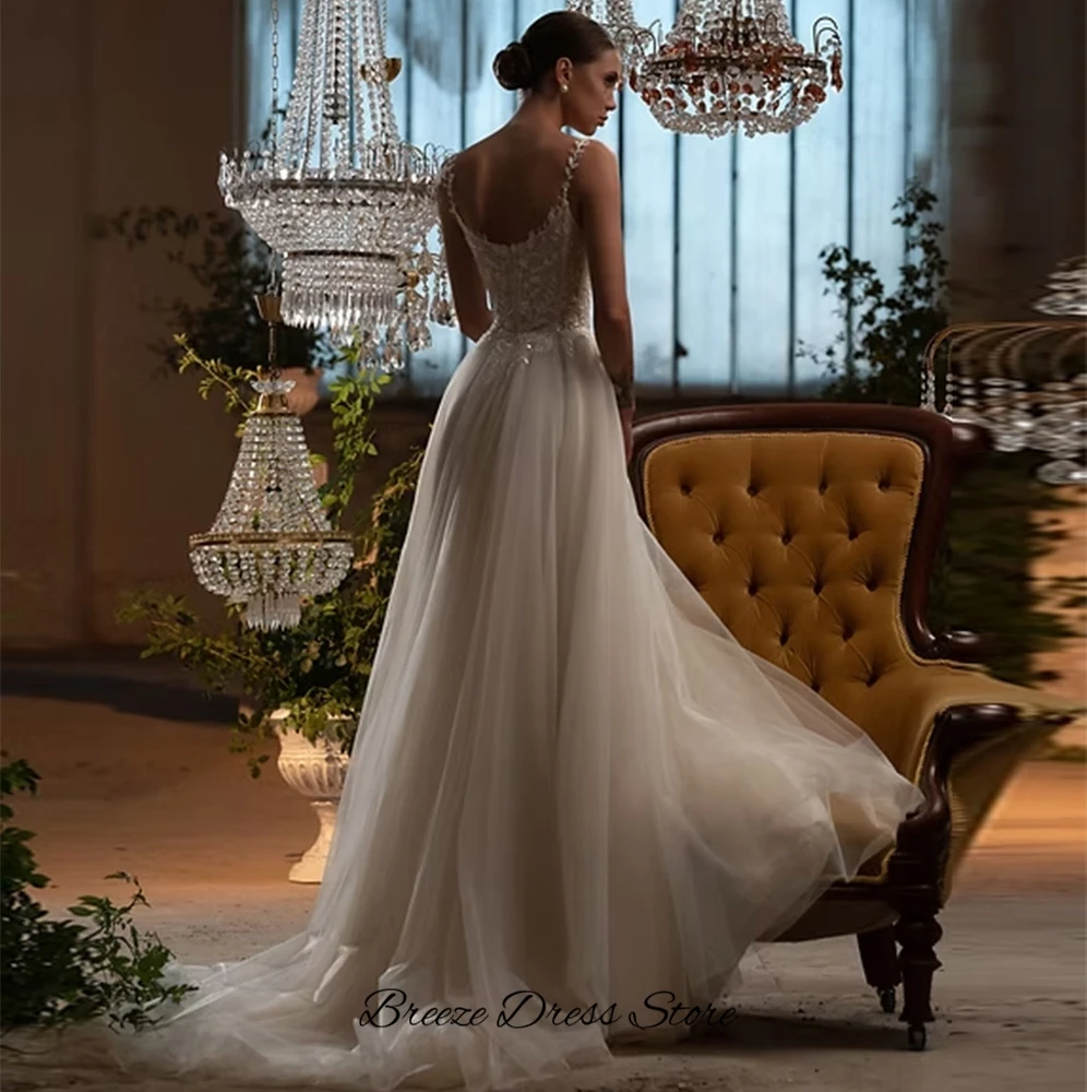 Graceful A-Line Tulle Wedding Dress Exquisite Appliques Pearls Vestido De Novia Customized Spaghetti Straps Robe de mariée