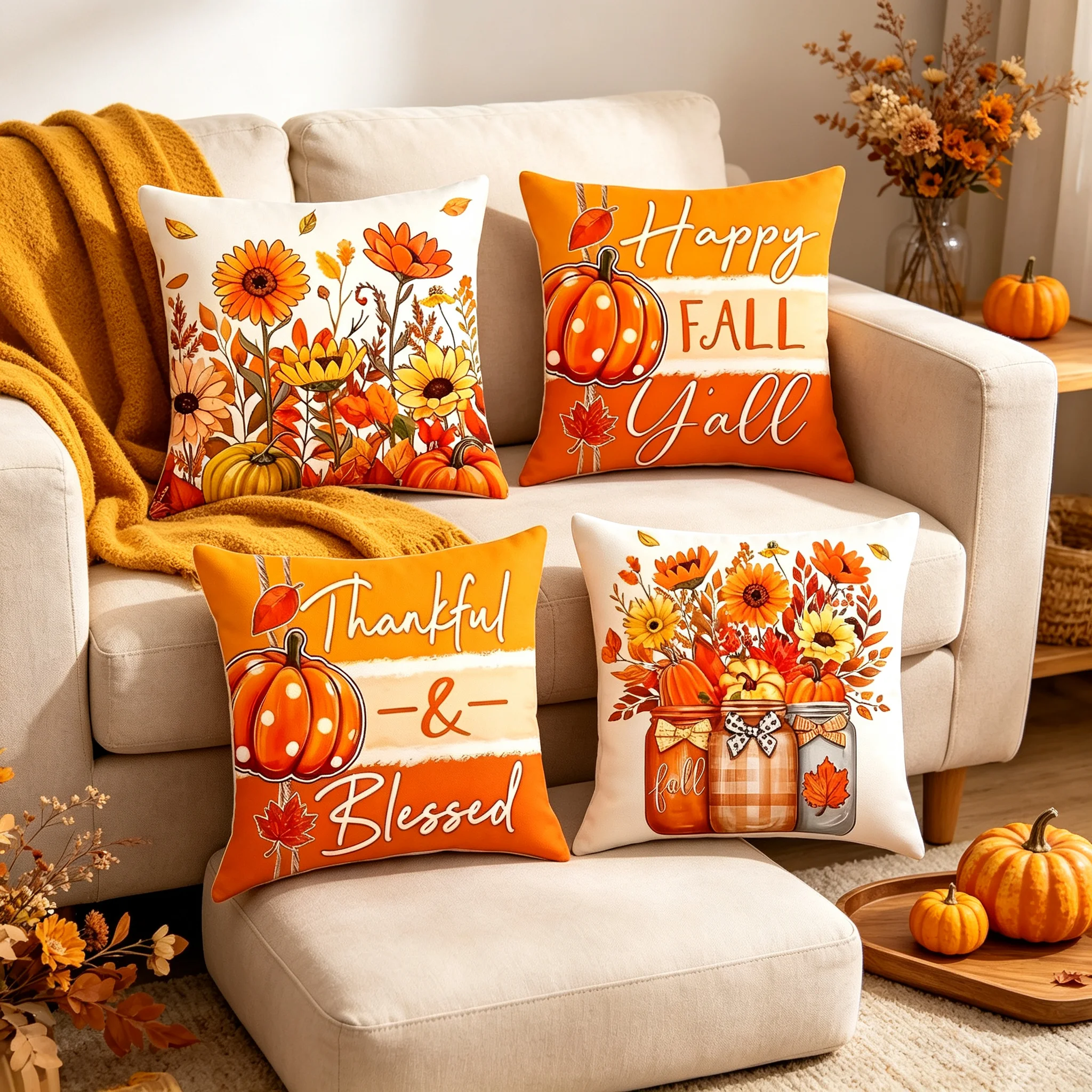 Fall Thanksgiving 2D Printed Pillow Cover Set Pumpkin Sunflower Jar Floral Thankful Blessed Design Soft Polyester Square Cushion