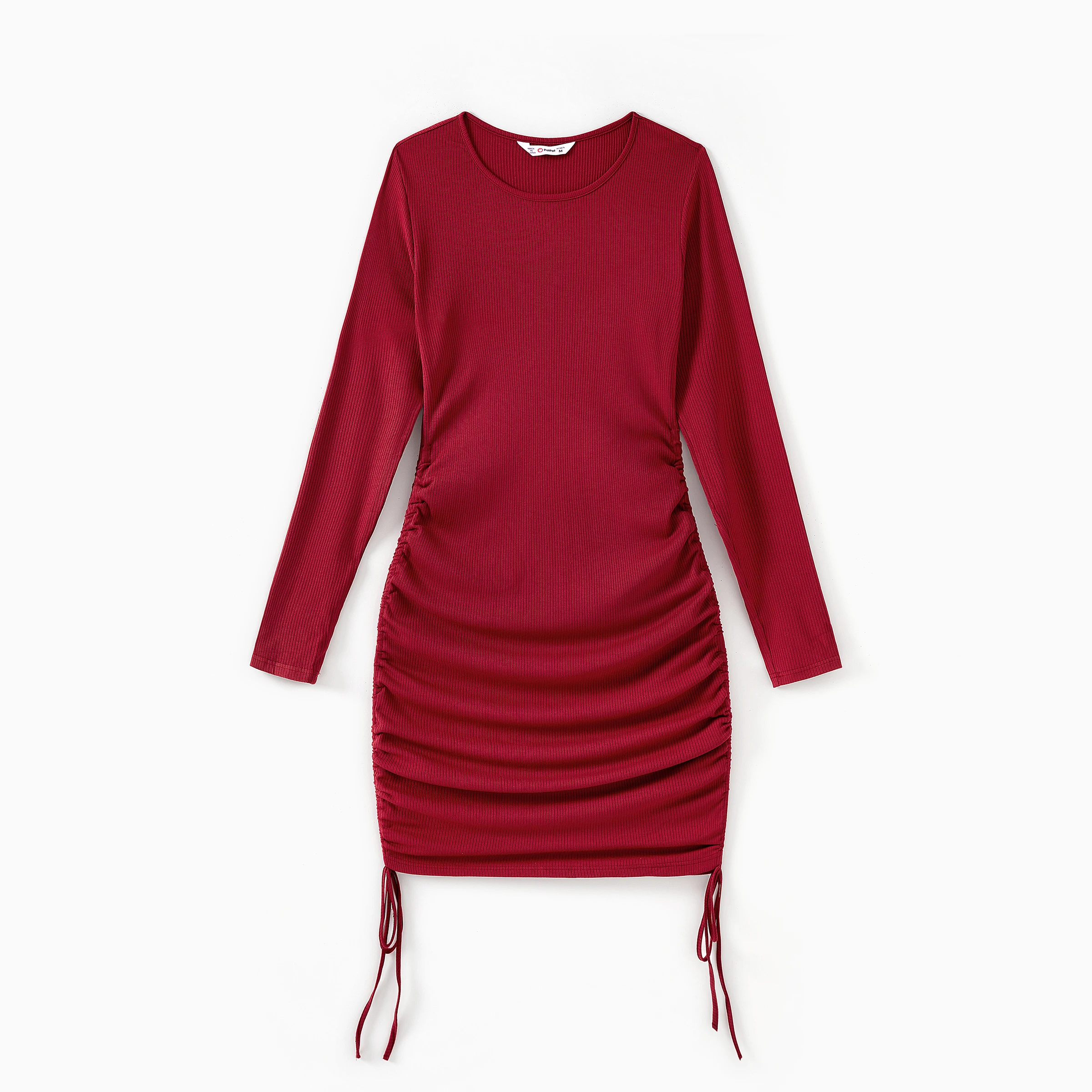 PatPat Wine Red Mommy and Me Dresses Ribbed Long Sleeves Ruched Drawstring Side