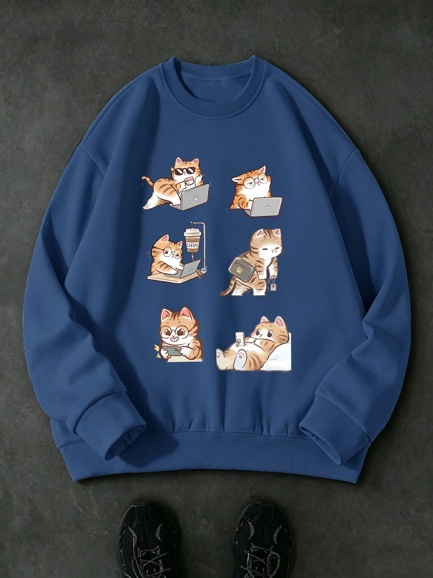 Illustration Of The Work And Life Of Fighting Cats Print Mens Autumn Basic Sweatshirts Soft Casual Clothing Fleece O-Neck Tops