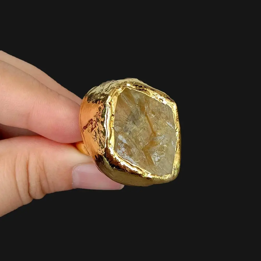 

Y·YING Natural Yellow Lemon Quartz Rough Finger Rings Adjustable Designer Gold Plated Ring Jewelry