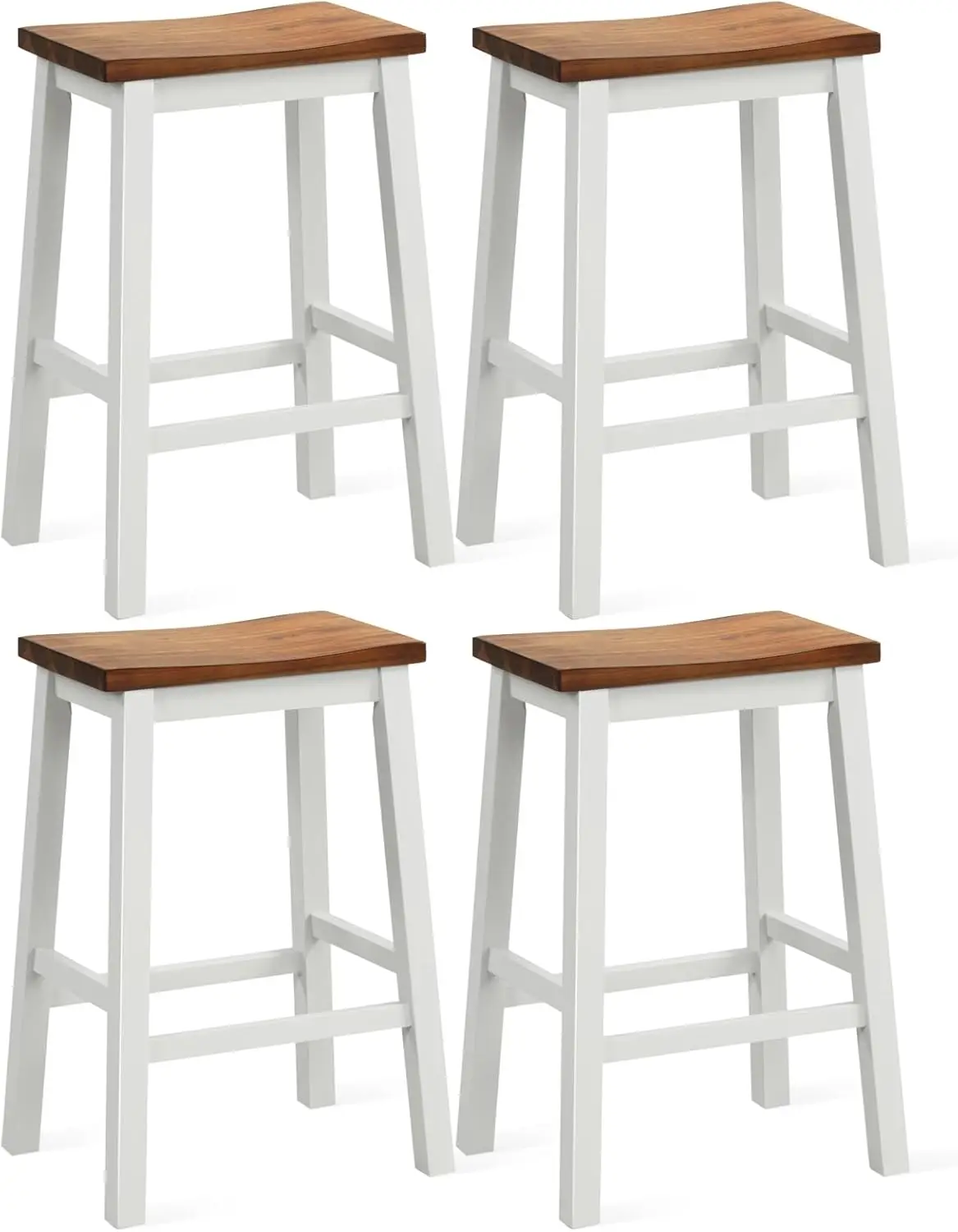 

24.5 Inch Bar Stools Set of 4, Solid Wood Saddle Stools w/Footrests, Industrial Counter Height Breakfast Stools for Kitc