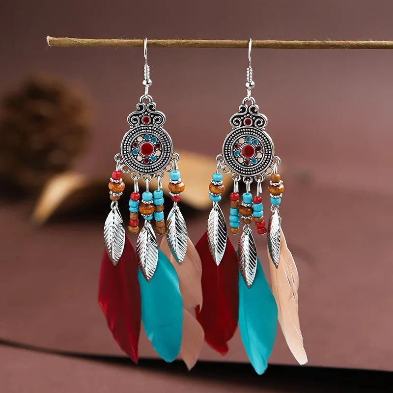 Ethnic Long Tassels Feather Drop Earrings For Women Elegant Wood Beads Leaf Colorful Feather Dangle Earring Bohemian Jewelry