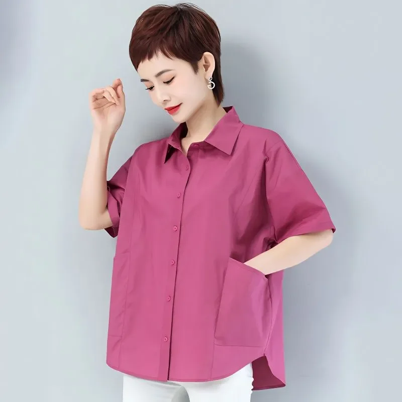 

Женская хлопковая рубашка с коротким рукавом, свободного кроя, скрывающая живот, повседневная, простая, больших размеров, с карманами