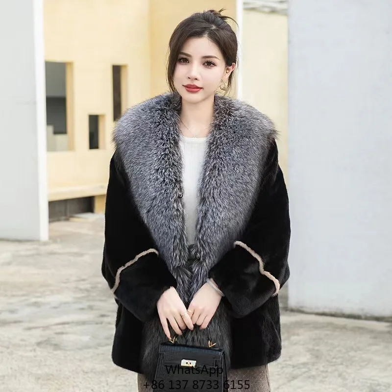 Fashion Women Winter Fox Fur Collar Trimming Real Mink Fur Coat