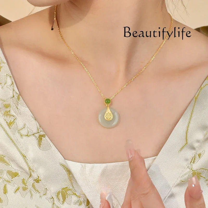 Fu Zi Ping An Buckle Hetian Jade Necklace Mom's Gift Elder Silver Pendant Women's Mom