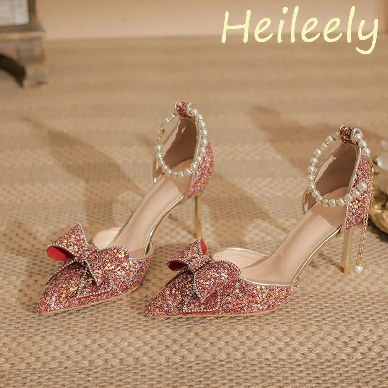 

8cm New Fashion Sandals Sequins Thin High Heels Ankle Wrap Beaded Red Banquet Party Women Shoes 38 39 40