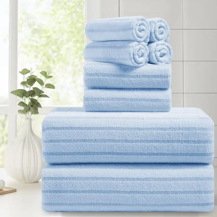 

Blue Bath Towels 8 Pack Large Absorbent Microfiber Set 2 Oversized Bath Sheets, 2 Hand Towels, 4 Washcloths for Family, Hotel, S