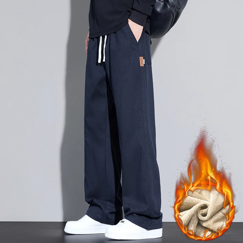 Celana Fleece Pria Musim Dingin Model Lurus Kasual Tebal Berbahan Beludru Hangat dengan Tali Serut Celana Panjang Lebar Merek Pria