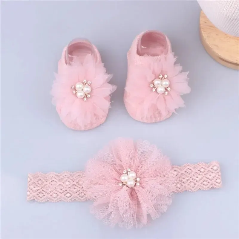 Cute Pearl Bows Baby Headband Socks Set Non Slip Cotton Sock Lace Flower Newborn Hair Band Turban Girl Hair Accessories