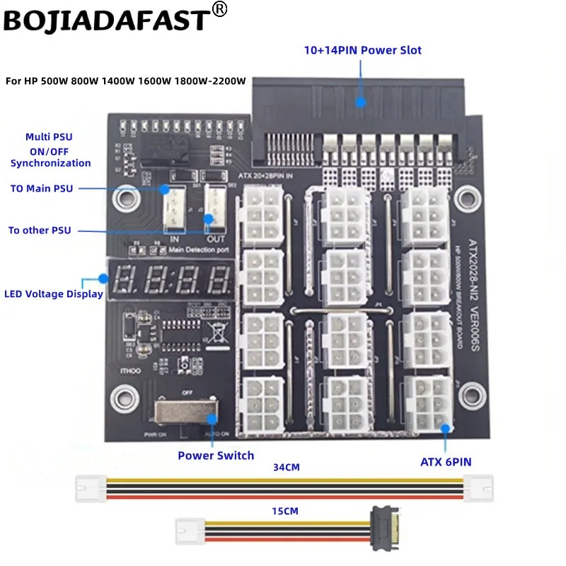 

12 x 12V PCI-E ATX 6Pin Connector Breakout Board LED Voltage Display For HP 500W 800W 1400W 1600W 1800W 2200W Server PSU