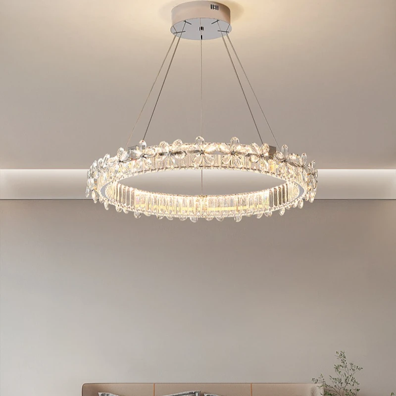 French Light Luxury Style Living Room/Dining Hall Crystal LED Pendant Light Designer Circle Art Creative Ornaments Hanging Lamps