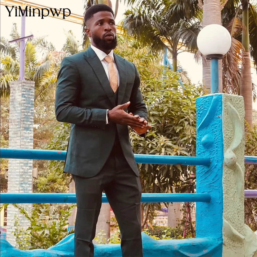 

YiMinpwp Deep Green Men's Suit 2 Pieces Linen Peaked Lapel costume homme de mariage Solid Color Casual Suit Jacket XS-XXL