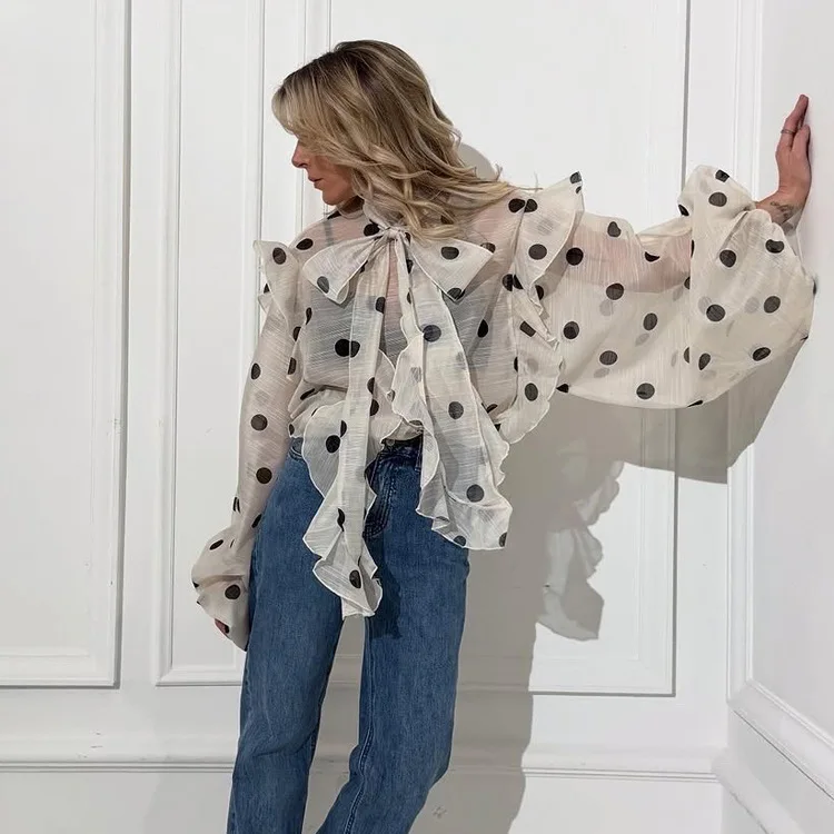 

Spring Casual New Lace-Up Neck Puff Sleeve Loose Blouses Autumn Ruffled Single Breasted Blouse Elegant Beige Print Woman Blouses