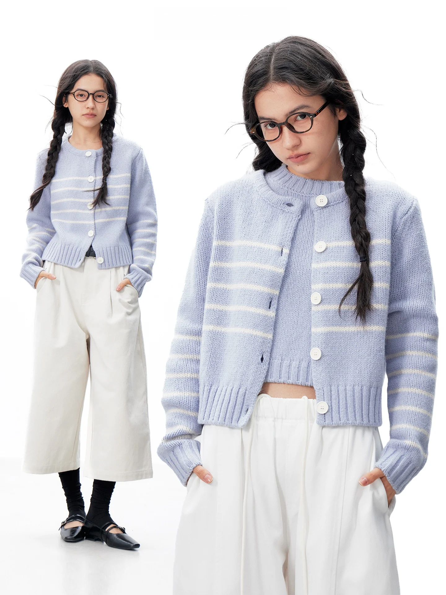 

Женский вязаный кардиган свободного кроя с длинными рукавами, в синюю полоску, из шерсти, мягкий, удобный, для повседневной носки, прямого кроя