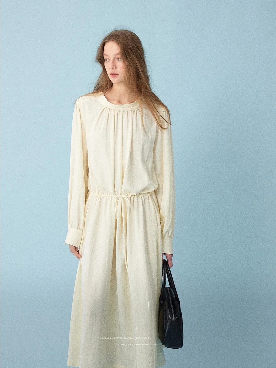 

Lalaglow Women's Loose Comfortable Dstring Dr Autumn Casual Versatile Long Dr H-Line Pure Color round Ne Long Sve