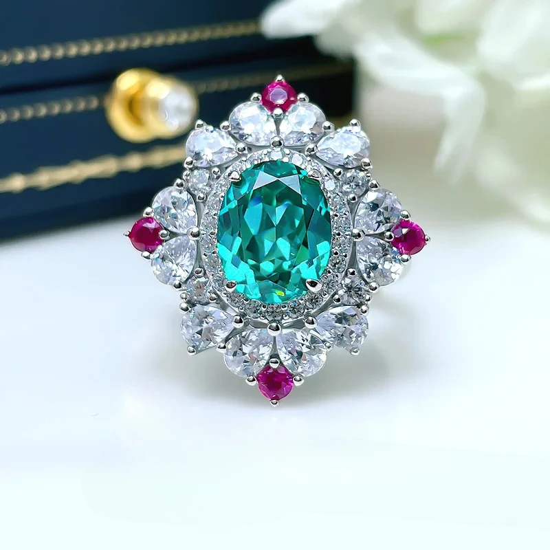 Fashionable tourmaline s925 silver ring imported high carbon diamond precision flower stamen egg shaped wedding jewelry