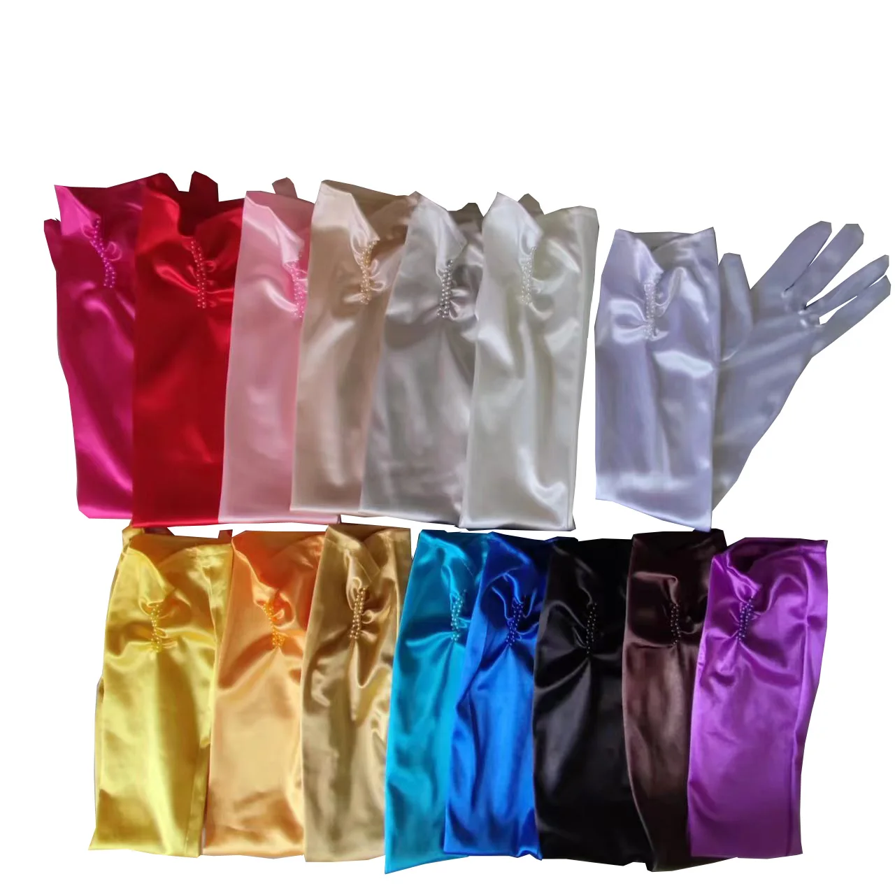 Guantes largos de satén con cuentas de perlas para fiesta, accesorios de Boda nupcial, Color sólido, dedo completo, baile, Boda, ópera