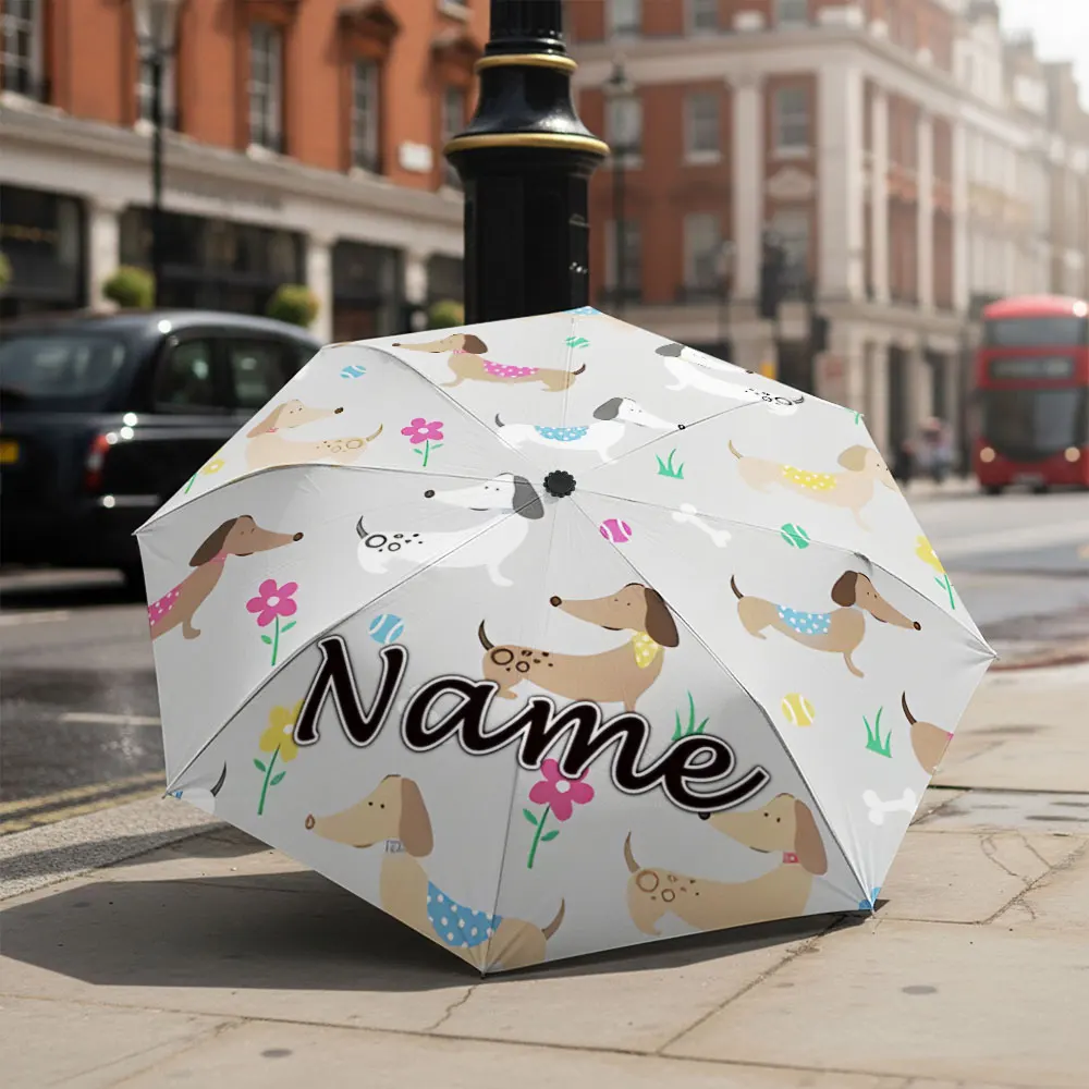 Custom Name Umbrella Cartoon Dachshund Dog Floral Bone Repeat Print Folding Umbrella Portable Travel Parasol For Dog Lovers