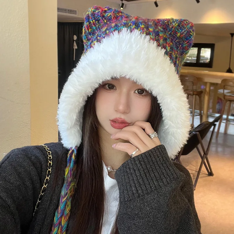 Cute Bear Bomber Hat Outono e Inverno Lã Malha Cat Ear Hat Com Soft Warm Brim Long Braid Strap