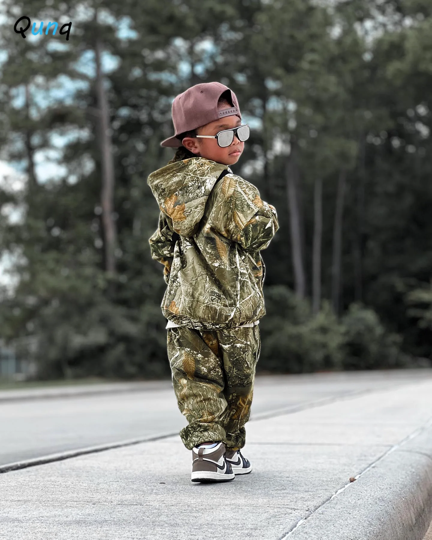 Qunq 2024 Spring New Children\'s Fashion Long sleeved Pullover Camo Hooded Sports Sweater Pants Two Piece Set kids clothes 2T-5T