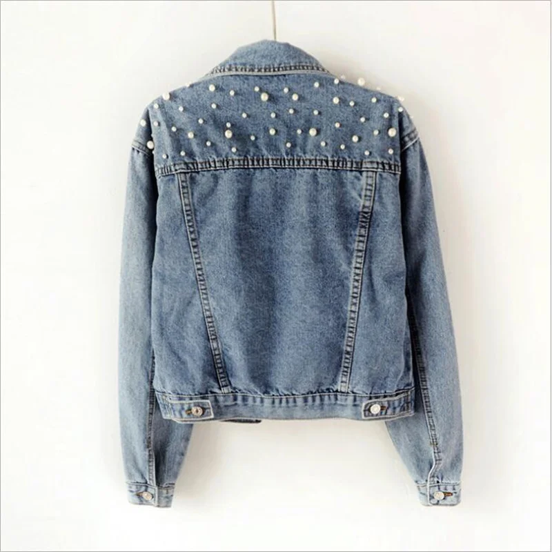 Beading Woman Denim Jacket 2023 Spring Autumn New Streetwear Rivet Long Sleeve Top Casual Beaded Pearls Loose Jeans Coat Clothes