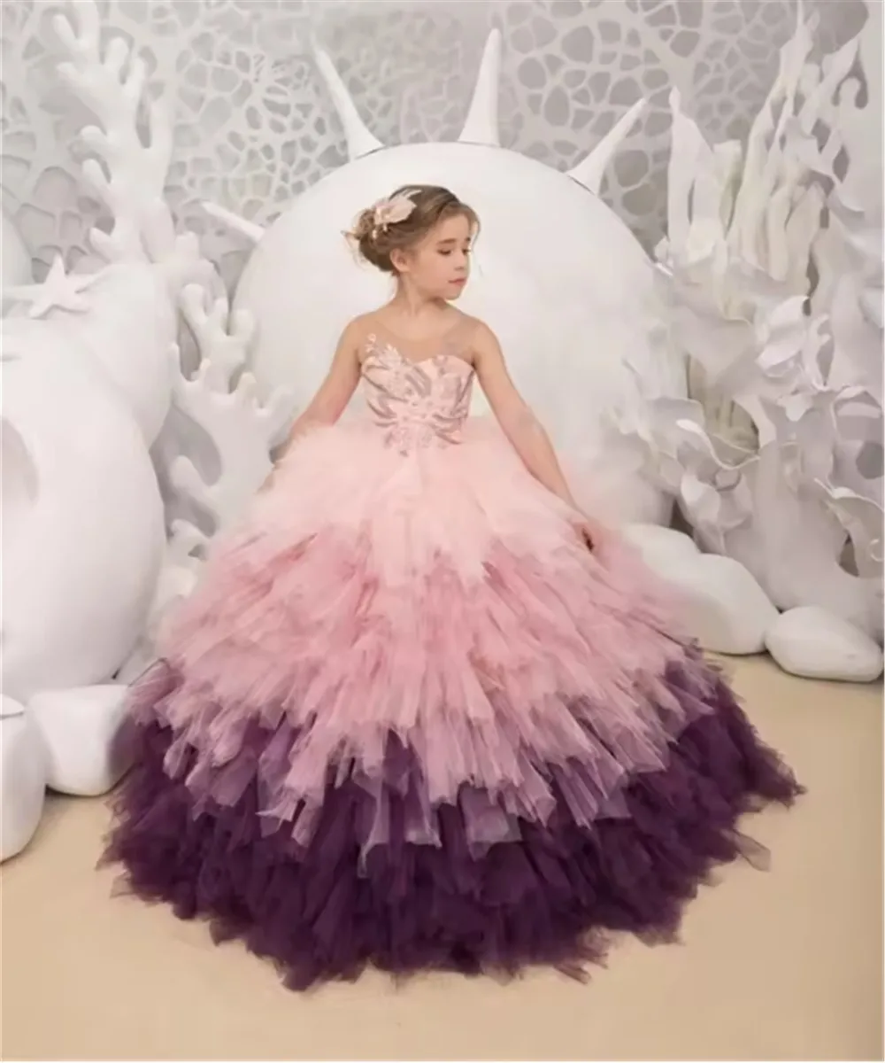 

Customized Puffy Long Flower Girl Dresses Tulle Ruffles Applique Sleeveless Wedding Birthday Party Dress First Communion Gown