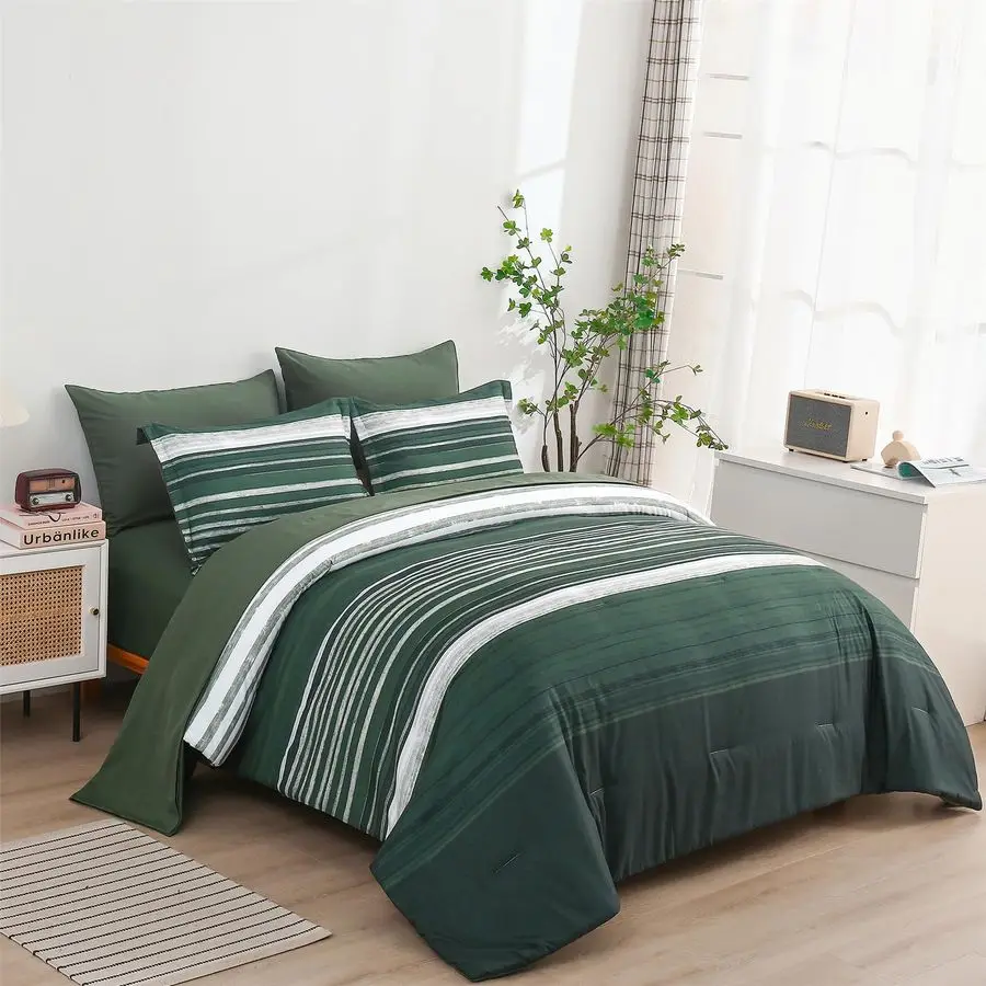 

5 Piece Bed in a Bag Stripe Comforter Set Twin Size, White Grey Green Patchwork Striped Comforter and Sheet Set, All Season Soft