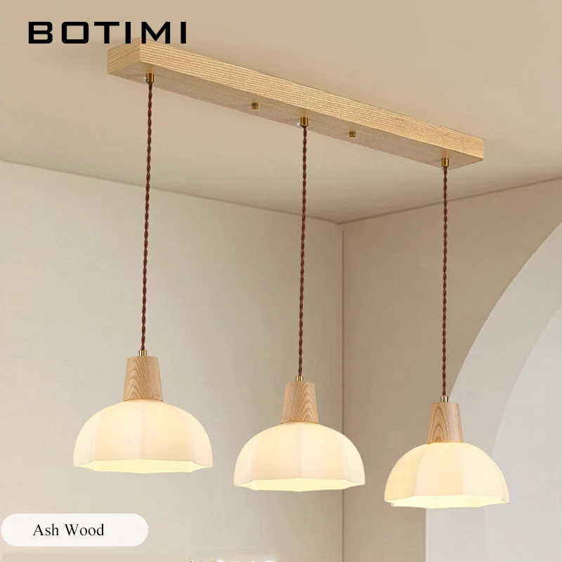 Wooden Pendant Lights With Glass Lampshades For Dining Modern Ash Wood Kitchen Restaurant Hanging Lamp Triple Island Lighting