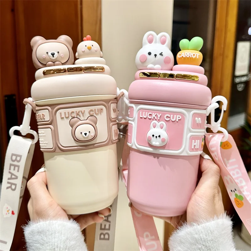 Simpatico cartone animato coniglio ravanello orso pulcino 550ml tazza isolata in paglia doppia modalità di bere tazze