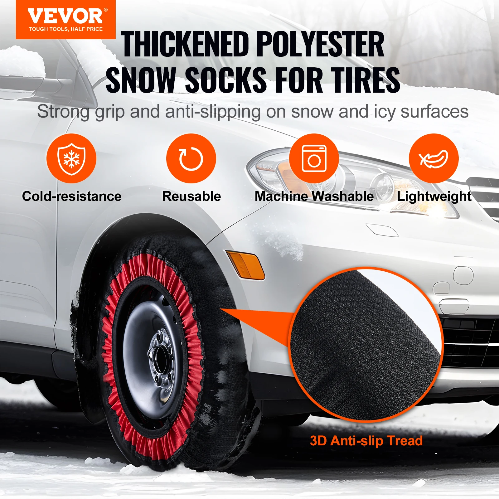 VEVOR 2-Pack Thickened XL Snow Socks for Tires Polyester Fiber Tire Socks with Elastic Strap Snow Traction Tire Cover for Truck
