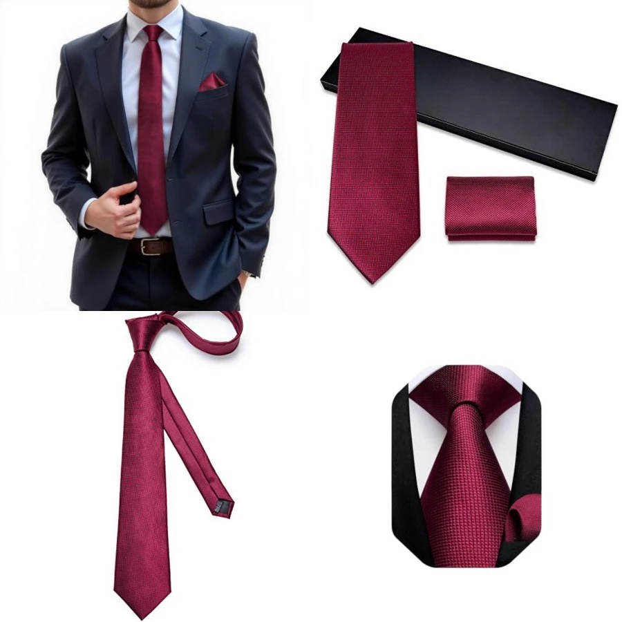 

Mens Solid Color Tie and Pocket Square Set Woven Silk Plain Necktie & Handkerchief for Men Wedding Party Formal, 07 Wine Red