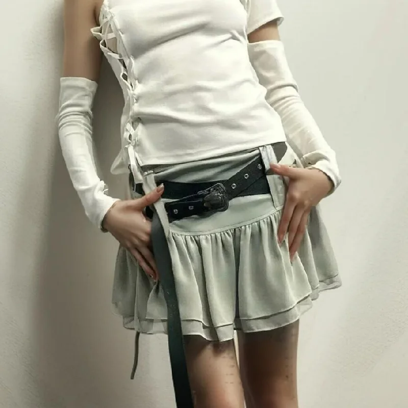 2024 Y2K Safari Low Waist Spliced Pleated Mini Skirt Women Package Hips Buckle Belt Skirts with Shorts underwear Gray Black