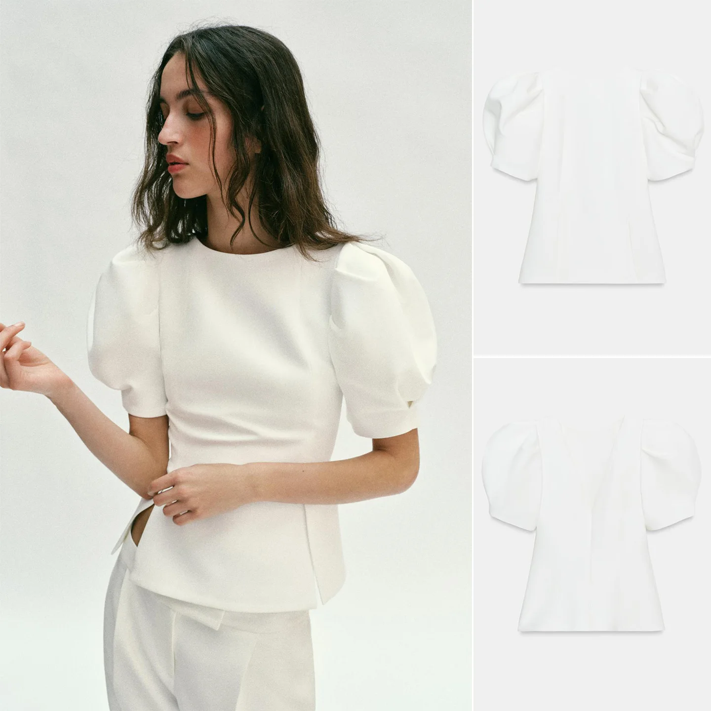 

Spring Summer New Women's Casual Zipper round Neck Bubble Short Sleeve Front Hem Split Top Polyester Fiber Skin-friendly Brea...