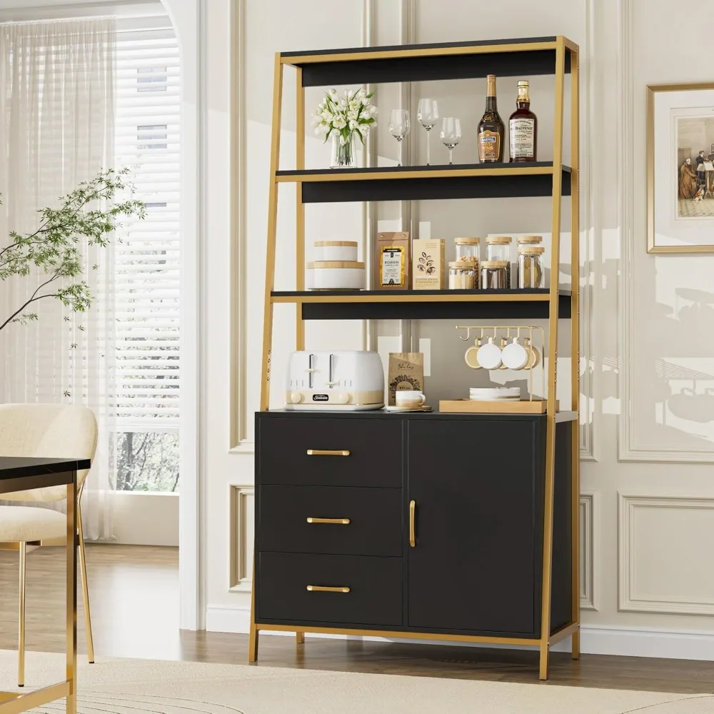 رف كتب طويل 69، خزانة كتب حديثة من 4 طبقات مع أدراج خشبية وأرفف سلم، خزانة تخزين قائمة بذاتها للمطبخ