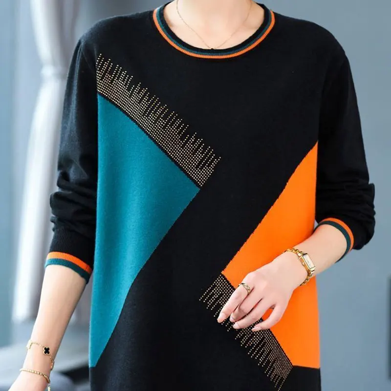 Female Clothing Casual Geometric Spliced Jumpers Autumn Winter O-Neck Korean Loose Basic Fashion Diamonds Knitted Midi Sweaters