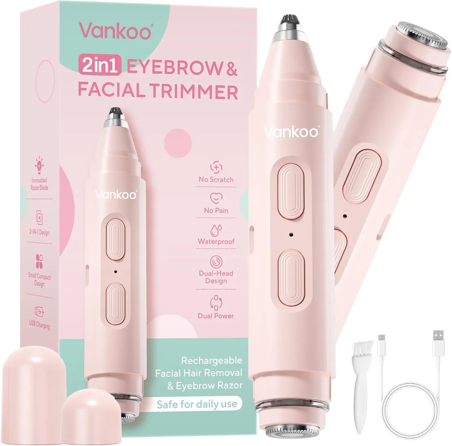 2 in 1 Facial Hair Remover & Eyebrow Trimmer for Women | Electric Face Shaver & Epilator for Face | Painless Flawless Facial Hair Removal for Women, Peach Fuzz & Upper Lip Hair Remover
