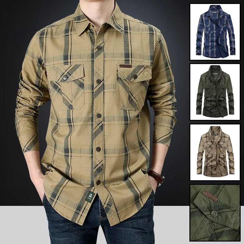Men's Plaid Shirt Size M-4XL 5XL Military Cargo Long Sleeve Shirts For Man Cotton Casual Shirts Mens Clothing Blouse
