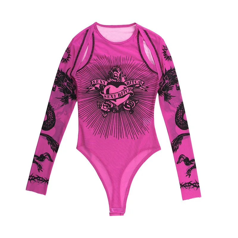 Y2k Women Bodysuits Tattoo Print Hollow Out tulle Long Sleeve Sexy Hot Girl Punk Gothic Streetwear Women Bodysuits